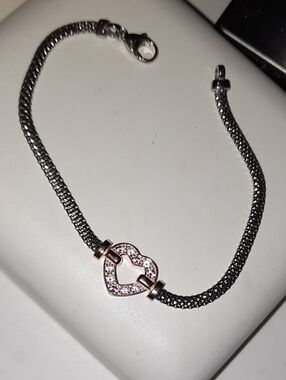 SOLID 14K ROSE GOLD OVER STERLING SILVER HEART RUBY CZ BRACELET 2-TONE MESH 6.5"